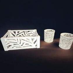 Palm Leaf Print Wood Box & Pencil/Makeup Brush Holders 