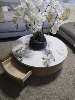 Round Coffee Table with Marble Top and Drawer