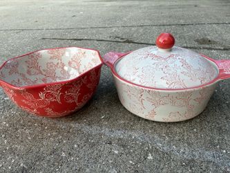 Blue Harbor Collection Round Casserole w/Lid Peach/Apricot & White & serving bowl set