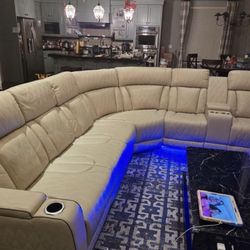 Power Electric Beige Leather Fully Reclining Sectional Couch 