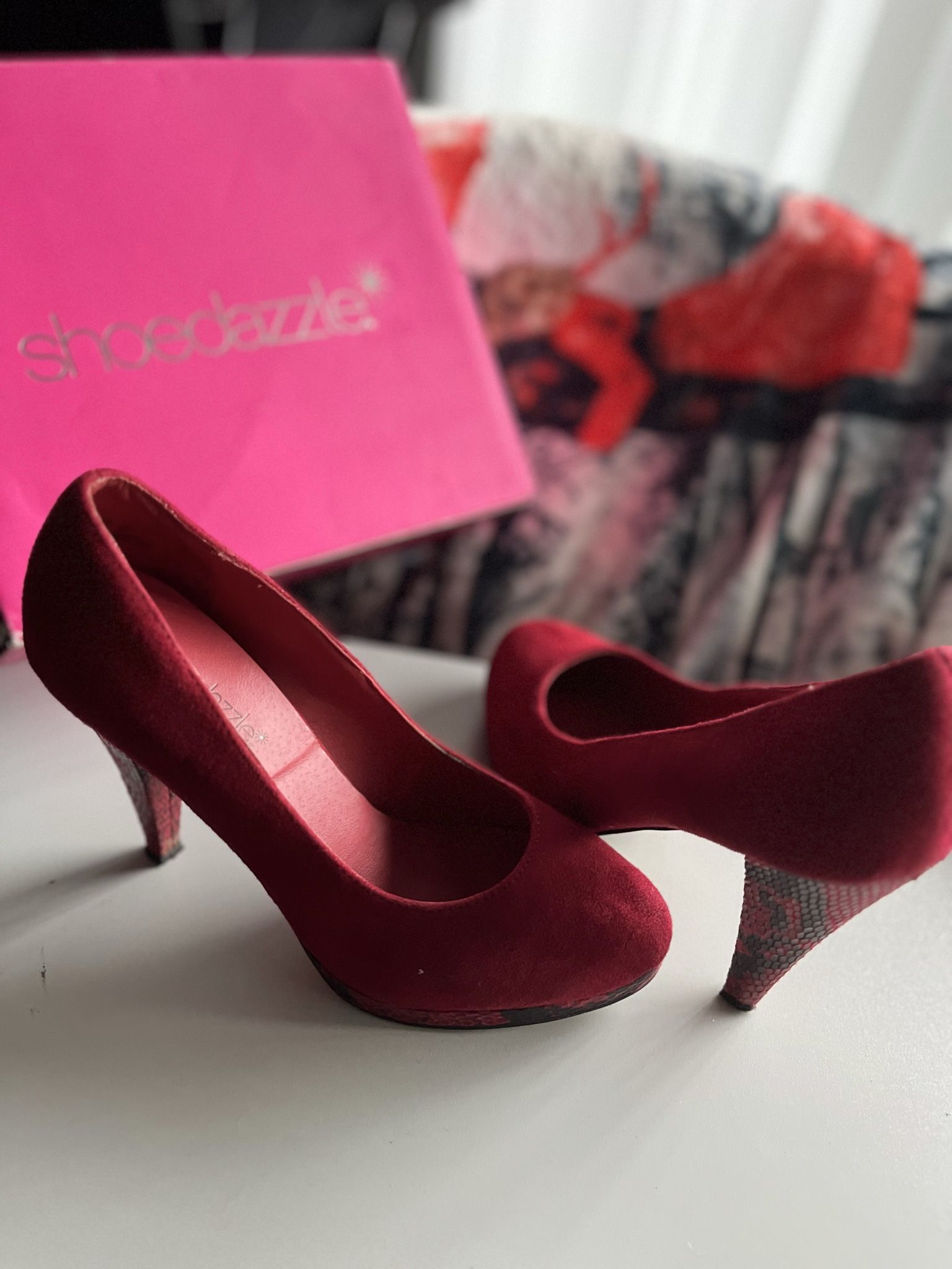 Red Suede Snakeskin Heel Platform Pumps