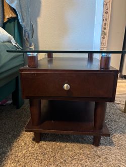 Wood End Table with Glass Top and Drawer