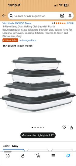 M MCIRCO 8-Piece Glass Baking Dish Set Lids Gray