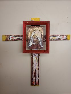 Crucifixion Jesus Assemblage Folk Art *40.00* Acrylic on Wood 14.5" x 14.5" Artwork