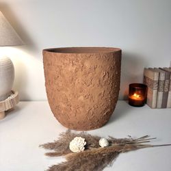 13.5" Minimalist Hand-Painted & Textured Planter Pot with Drainage Hole -Terracotta Brown