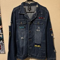 Rebel Star Men's Size Large Blue Denim Jacket Game Over Embroidered Distressed