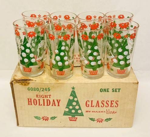 Vintage Hazel Atlas Merry Christmas Happy New Year holiday glasses set of 8