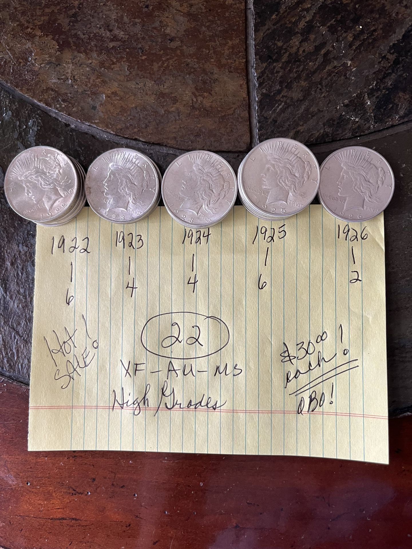 22) SILVER PEACE DOLLARS - HIGH GRADES at BELOW W WHOLESALE PRICE!  KEY DATES AND RANGES!