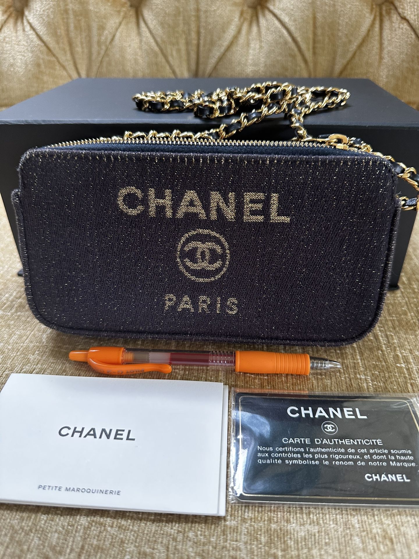 Aunthentic Chanel WOC Wallet On Chain In Fabric Blue And Gold Hardware
