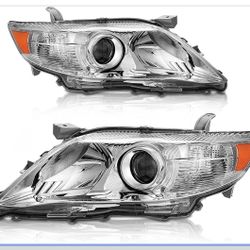 AS Headlights Assembly for 2010 2011 Toyota Camry Base/LE/XLE Sedan Projector Headlamp Replacement with Chrome Housing Amber Reflector Clear Lens Driv