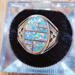 Thunderbird Sterling Silver Men's Lab Opal Ring