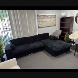 New 113" Black Corduroy Fabric Sectional Sofa L-Shape Sofa