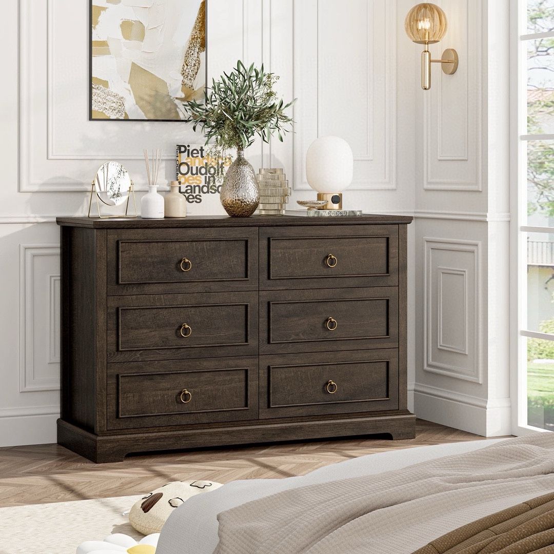 Double Dresser with 6 Drawers, 47'' Wide Chest of Drawers for Bedroom, Storage Cabinet, Dark Brown