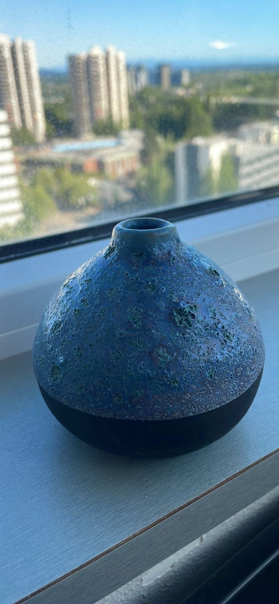 Mid-Century Modern Black & Blue American Raku Vase, Vessel Studio Art Pottery 80