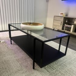 Glass Coffee Table w/ Black Metal Frame & Lower Shelf