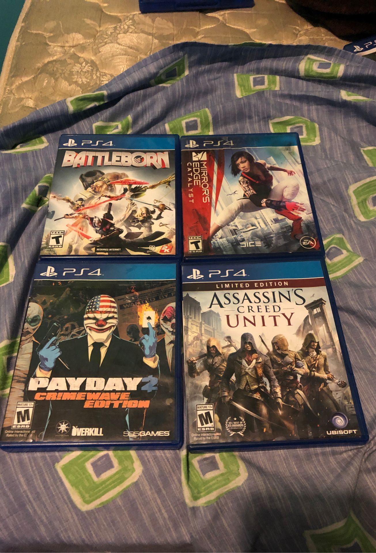 PS4 games,(PAYDAY2, BattleBorn,Assassin’s CreeD Unity, Mirrors Edge Catalyst)