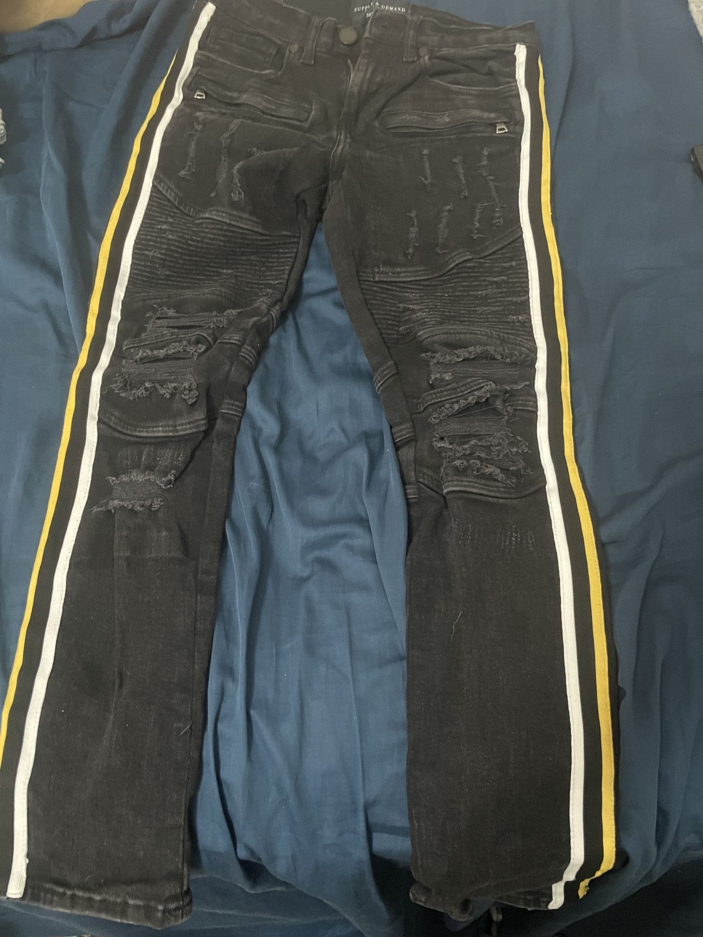 Black Yellow Striped Ripped Jeans | Size 28