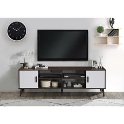 71" L Dark Walnut & White TV Stand with Shelves and Cabinets