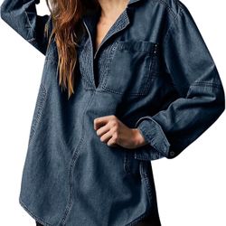 Women's Denim Pullover Casual Button V Neck Blouse Loose Fit Long Sleeve Shirts Jean Jacket w Pocket Fashion Clothes