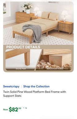 Twin Solid Pine Wood Platform Bed Frame with Support Slats