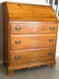 Solid Maple Secretary Desk Drop-Front Writing Desk with 3 Drawers Mid-Century American Colonial