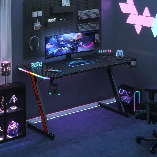 New 63 Inches Z-Shaped Gaming Desk with RGB Lights, Carbon Fiber Desk Office Desk with Large Mouse Pad, Cup-Holder & Headphone Hook, Black New in box