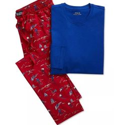 Polo Ralph Lauren 2-Pc Solid Long-Sleeve Sleep T-Shirt&Printed Pajama Pant Set M