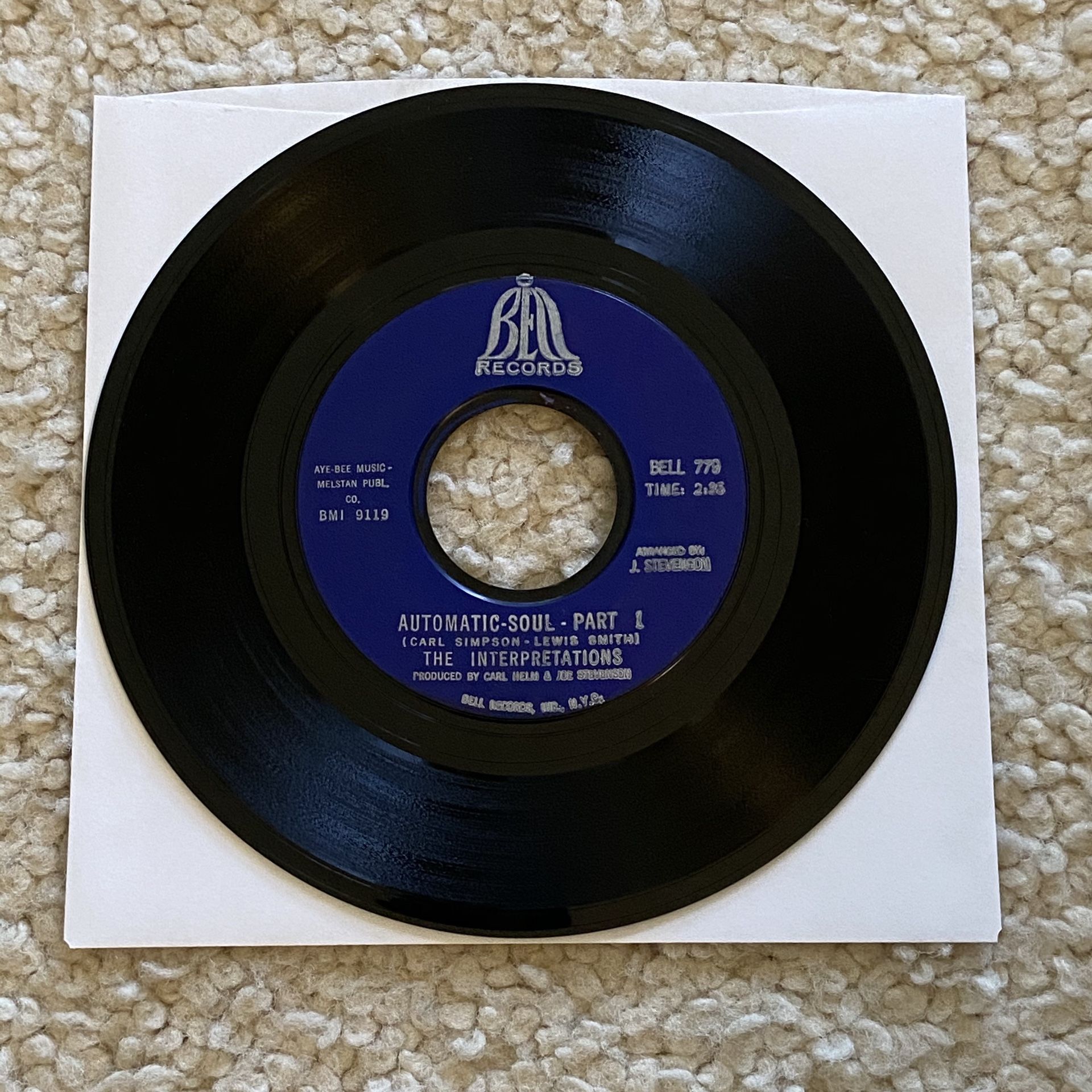 The Interpretations “Automatic Soul” vinyl 7” single 1969 Bell Records Original 1st Pressing gorgeous glossy vinyl collector’s copy 60s Funk