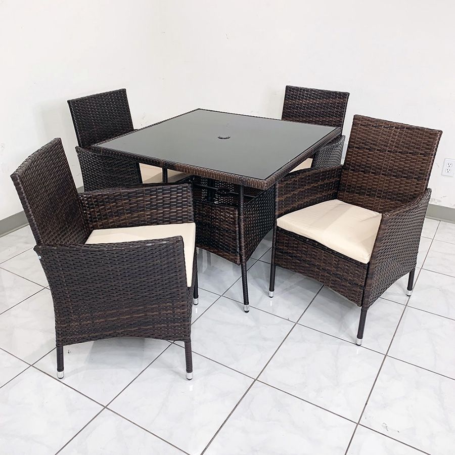 (NEW) $250 (5-Piece) Wicker Dining Set Indoor Outdoor Patio Furniture 35x35” Glass Table w/ Umbrella Cutout, 4 Chairs