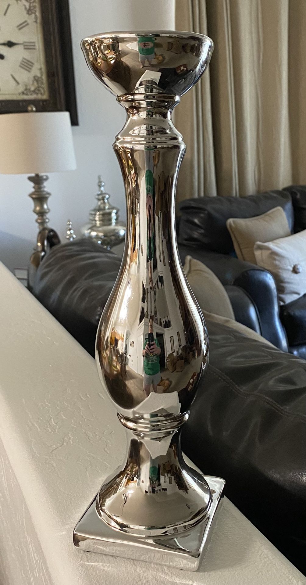 Single Hourglass Pedestal Candlestick Pillar Candle Holder Silver Mirror Reflective Chrome Ceramic