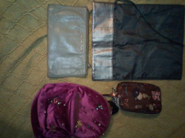 Assorted bags, mini backpack, wrislet, leather  brush roll 