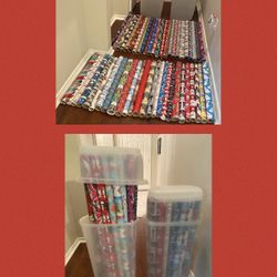 50 ROLLS OF CHRISTMAS WRAP & 2 WRAPPING PAPER STORAGE CONTAINERS - ALL FOR $45