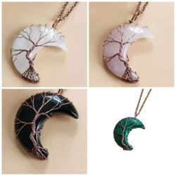Antique bronze Wire Wrapped Tree Of Life Crescent Necklace