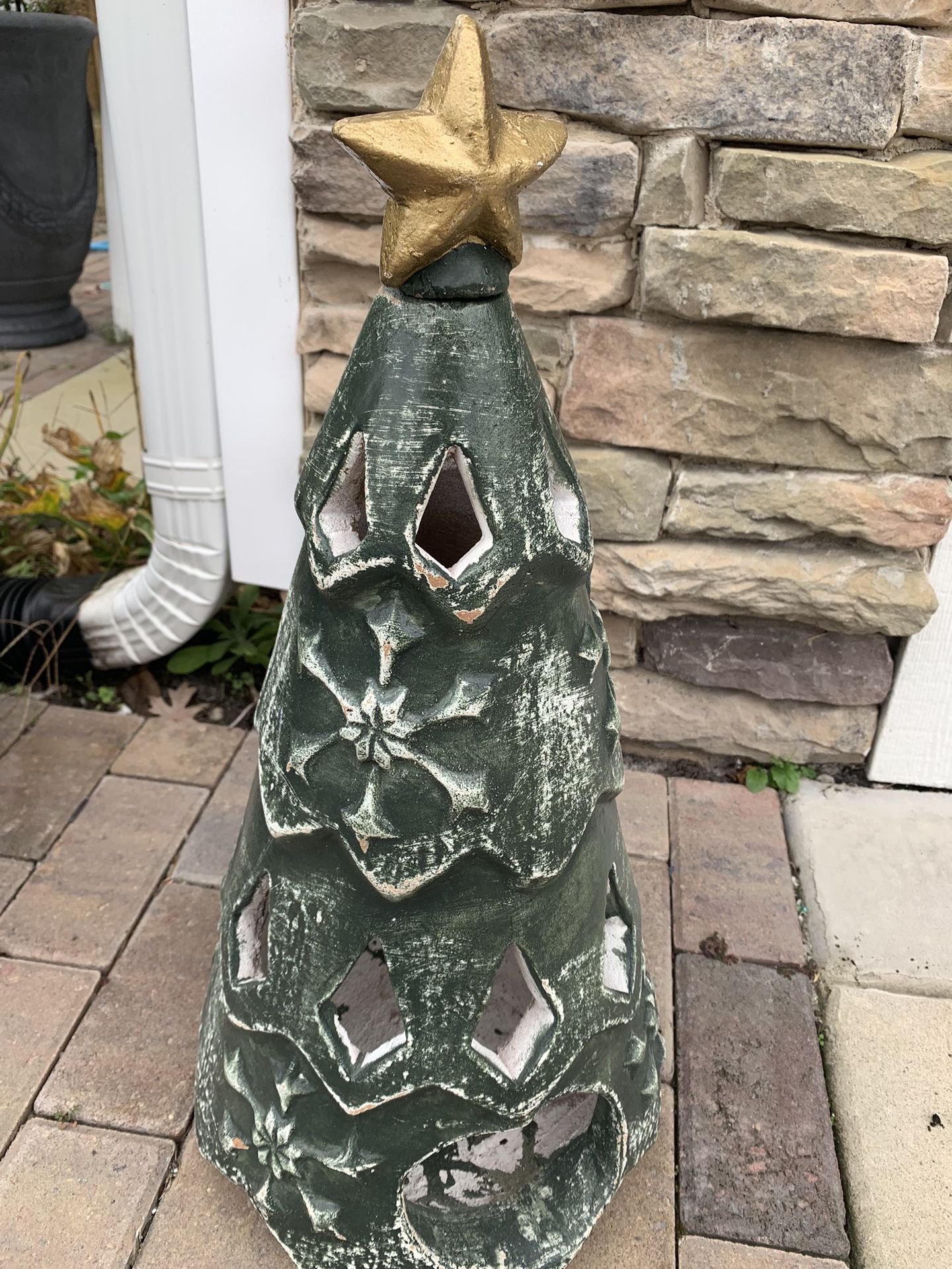 Christmas Tree Chiminea W/ Removable Star, Heavy Thick Construction, Has Large Opening To Insert Candle, 20 Inches Tall