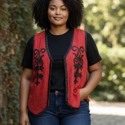 Vintage Laurence Kazar  Hand Beaded Vest Women’s Size 2X  Silk Red And Black 