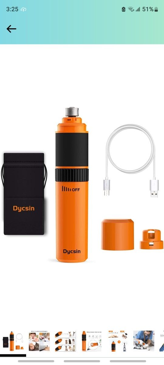Dycsin Dog Nail Grinder Quiet Electric Pet Nail Trimmer Clipper Rechargeable with 20h Working Time Stepless Speed Paws Grooming for Large Medium Small