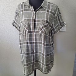NWT Christopher And Banks Women's Green Plaid Print Button Up Shirt Size: Large 