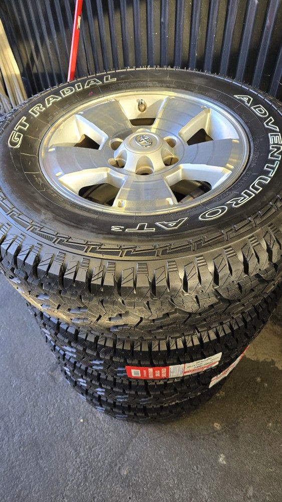 4 TOYOTA TACOMA , 4 RUNNER , TUNDRA 6 LUGS WHEELS 🛞 6X139 w/ New Tires 265/70/17 ALL TERRAIN ADVENTURO AT 3 GT RADIAL SENSORS AND LUGS $800 FIRM CV
