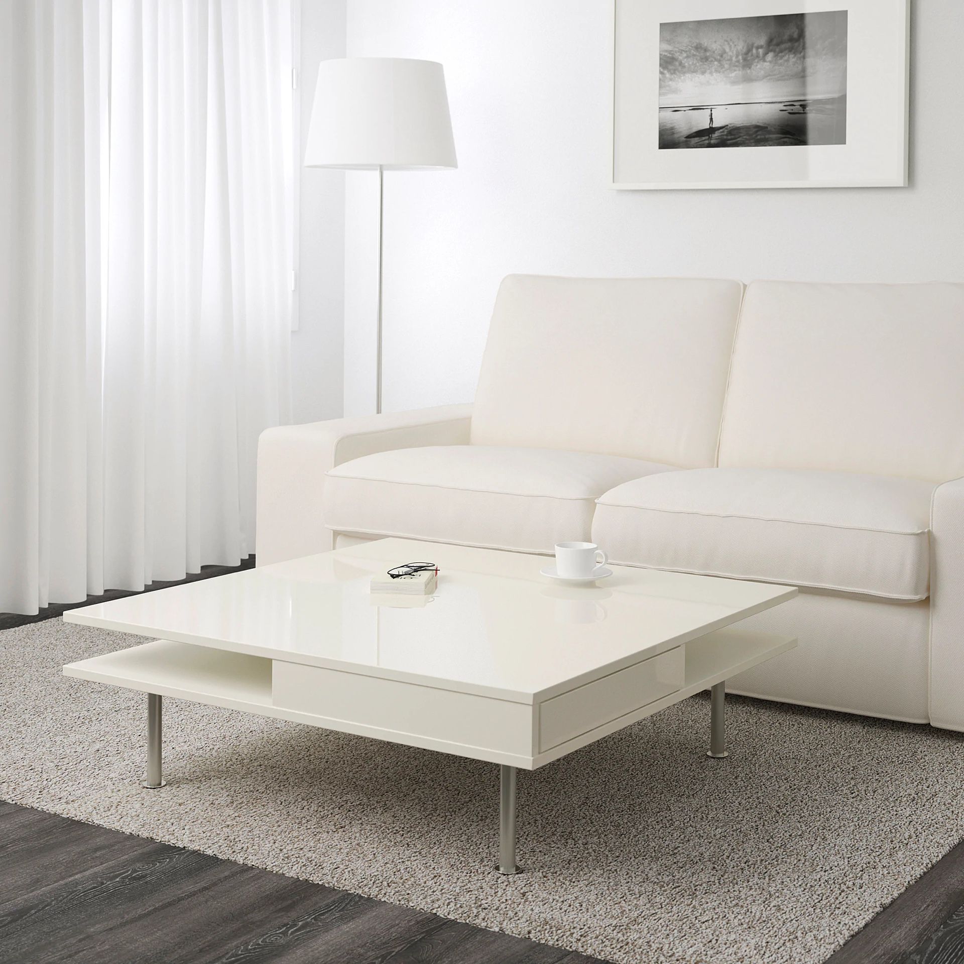 Coffee table, high gloss white with 2 drawers & 2 shelves