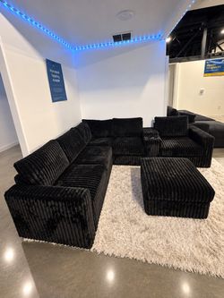 New Black L-Shape Sectional with Ottoman – Cup Holders & USB Charging $10 Down