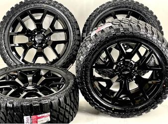 22" GMC HONEYCOMB BLACK WHEELS RIMS 33" MT TIRES CHEVY SILVERADO SIERRA YUKON LT-WE FINANCE