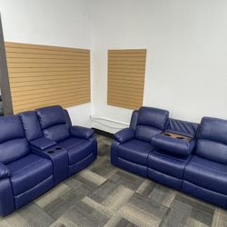 Dark Blue Recycled Leather 3 Piece Couch Living Room Sofa 