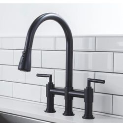 KINGO HOME 3 Hole Matte Black Bridge Kitchen Faucet with Pull Down Sprayer k20 