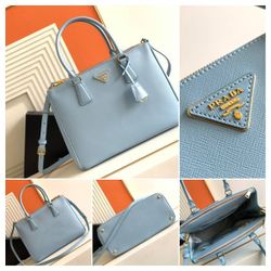 Light blue leather double zipper handbag 33X24x15cm