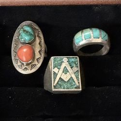 Turquoise Silver Vintage Rings & A Masonic Ring 