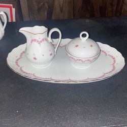 Pink Rose Creamer & Sugar w/serving platter. 