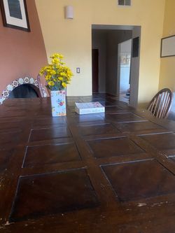 Large Dark Wood Dining Table with windsor arm chairs