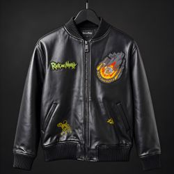 Rick and Morty Black Leather Bomber Jacket