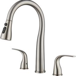 3 Hole Kitchen Faucet with Pull Down Sprayer, Brushed Nickel, Double Handle High Arc Faucet 