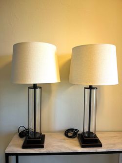 Glass Cylinder Table Lamp Set (2-Pack) – Bronze Accents, Beige Shades